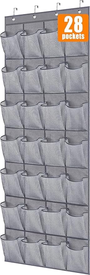 MISSLO 28 Large Pockets Hanging Shoe Rack Door Shoe Organizer Hanging Shoe Storage Hanger for Closet Mesh Holder, Grey