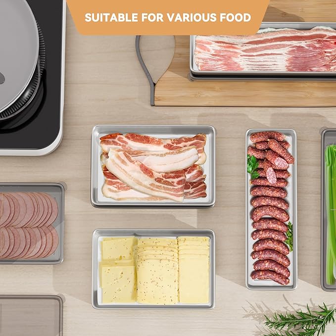 Freshmage Bacon Container for Refrigerator, 1 Pack 304 Stainless Steel Airtight Deli Meat Storage Container for Fridge Dishwasher Safe Long Kitchen Food Storage Containers with Lids with Elevated Base