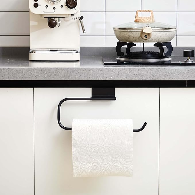 Yaocom 12.4 Inches Cabinet Door Paper Towel Holder Camper Under Sink No Drilling Paper Towel Storage and Dispenser for RV Kitchen Bathroom Laundry Room, Stainless Steel(Black,2 Pcs)