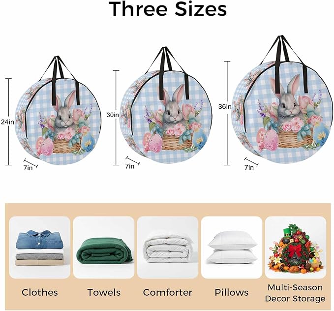 24 Inch Round Storage Bag 1 Pack,Easter Day Natural Floral Rabbit Eggs Waterproof Wreath Storage Container with Handles&Zipper Blue Colorful Check Closet Organizer Bags Garland Box