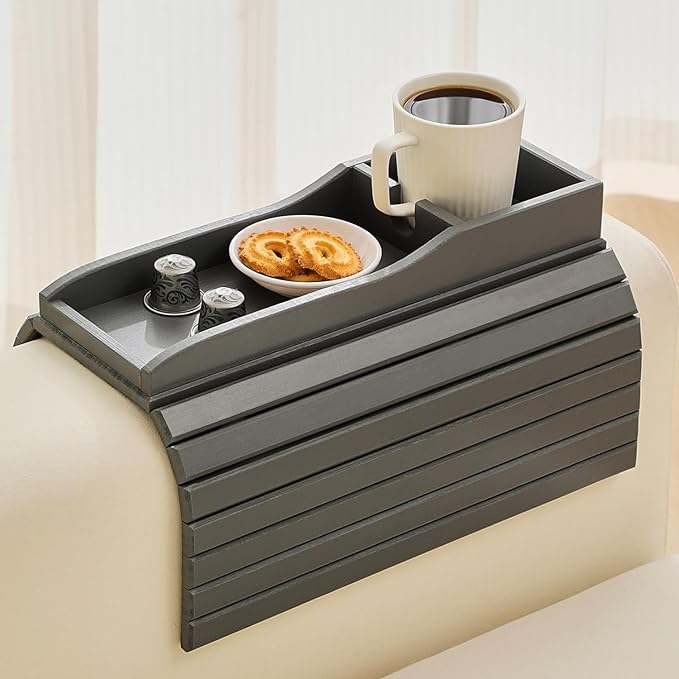 Bamboo Couch Cup Holder Arm Tray Table，Couch Drink Holder，Sofa Cup Holder Armrest Tray，Anti-Slip Foldable Arm Chair Table Tray Recliners for Drink,Cups, Snacks, Phone, Remote (Gray)