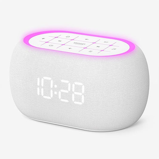 ANJANK White Noise Sound Machine Alarm Clock with Hi-Fi Bluetooth Speaker, 21 Soothing Sounds/7 Night Lights, 0-100% Dimmer/Sleep Timer/Volume Control, Soother for Adults Kids Sleeping, Bedroom, White