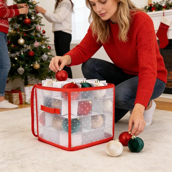 Christmas Ornament Organizer Bag, 64-Grids Foldable Divider Storage, Decoration Ball Use, Zippered Design, Easy Portable Construction, Under Bed Cabinet Home Basement Apartment