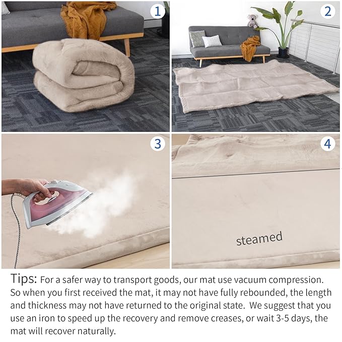 Huloo Sleep Play Mat for Babies Toddlers,1.3" Thick Elasti-Foam Anti-Fall Cushion Mat for Kids Room,28×72 Bedroom Bedside Rugs,Water-Repellent Soft Coral Velvet,Non-Slip(Beige)