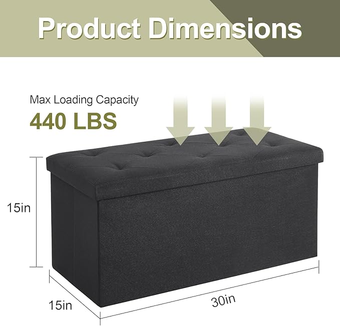 VECELO 30'' Folding Storage Ottoman Bench, Storage Chest, Linen Fabric Foot Rest Stool, 110L Storage Footstools for Bedroom and Living Room, Holds up to 440 lbs, Dark Black