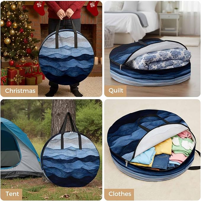Abstract Art Ocean Round Storage Bag 30 Inch, Gradient Blue Impressionist Style Clothes Storage Container with Handles Heavy Duty Organizer for Comforter, Bedding & Holiday Wreaths