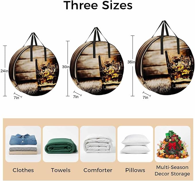 Storage Bag Whisky Glass Cups Round Storage Totes Bins Closet Organizers with Zippers & Handle Wine Wood Grain Clothes Storage Container for Bedroom Dorm Space Saving Packing Supplies Moving Bags