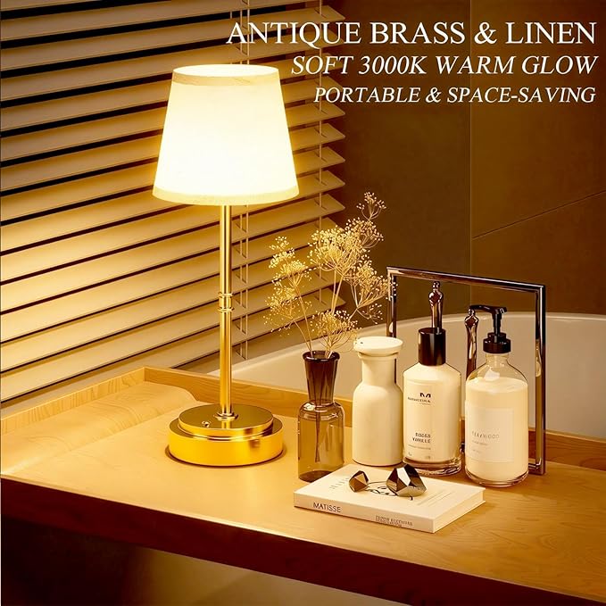 Cordless Table Lamp - 7500mAh Longest Lasting Battery Operated Lamp, 1 Pack Antique Brass Aesthetic Cozy Rechargeable Desk Lamp for Kitchen Counter, Dining Room & Restaurant Centerpiece