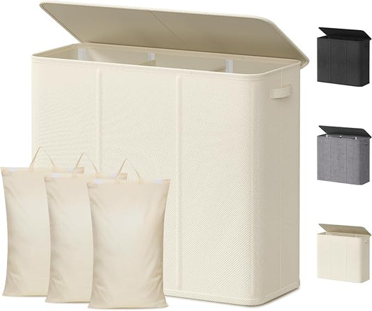 Lifewit Triple Laundry Hamper with Lid and Removable Laundry Bags, Large Collapsible 3 Dividers Dirty Clothes Basket with Handles for Bedroom, Laundry Room, Closet, Bathroom, College, 180L White