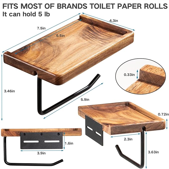 Yangbaga Toilet Paper Holder with Shelf: Wall Mount Bathroom Tissue Roll Storage with Adhesive& Screw, Matte Black Aluminum Alloy Bathroom Accessories Wood Shelf for Phone Wipes