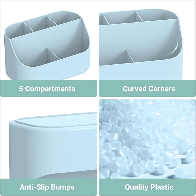 Countertop Toothbrush Holders for Bathrooms, Plastic Toothpaste and Electric Tooth Brush Holder Storage Caddy Stand for Shower, 5 Slots Cute Kids Bathroom Counter Organizer for Vanity, Light Blue