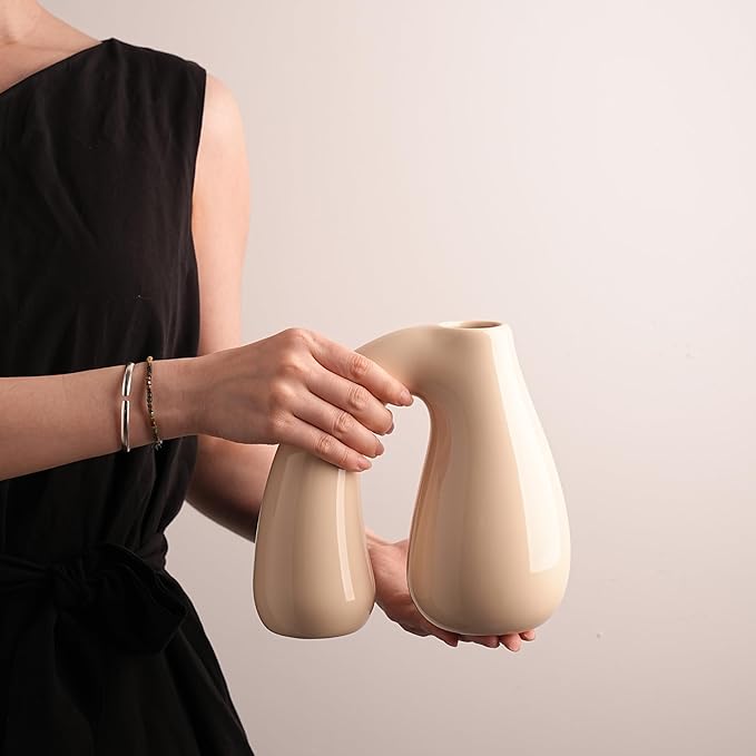 PROBENEX Cream White Ceramic Decorative Pitcher Vase, 7.5 in – Glossy Sculptural Arch-Handle, Modern Home Décor Accent for Fresh or Dried Floral Arrangements, Table/Shelf/Entryway, Giftable