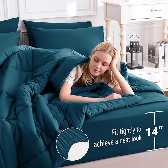 CozyLux King Size Comforter Set Lyons Blue, 7 Pieces Bed in a Bag, Blue Comforter King Size, All Season Bedding Sets with Stitch Quilted Comforter, Flat Sheet, Fitted Sheet, Pillowcases