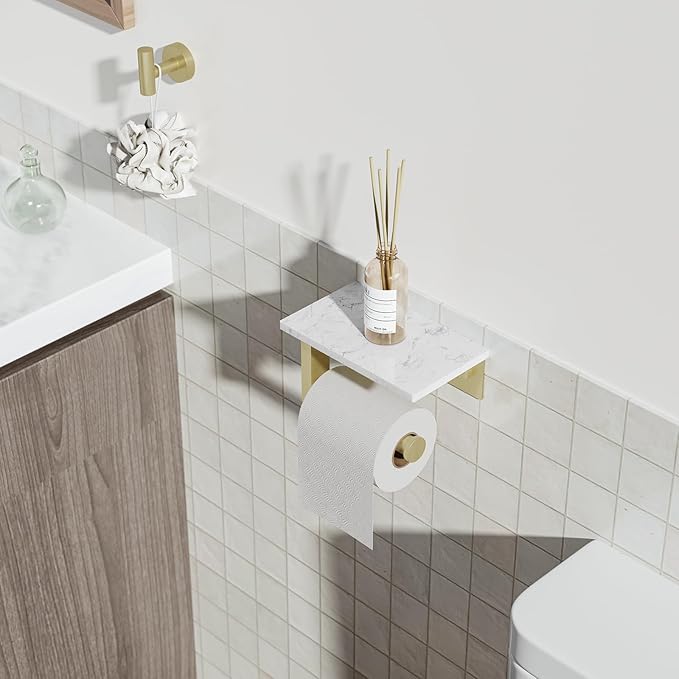Brushed Gold Toilet Paper Holder with Marble Shelf, 304 Stainless Steel Tissue Hand Holder Wall Mounted Toilet Paper Roll Hold with Phone Shelf for Bathroom Kitchen Washroom Bedroom