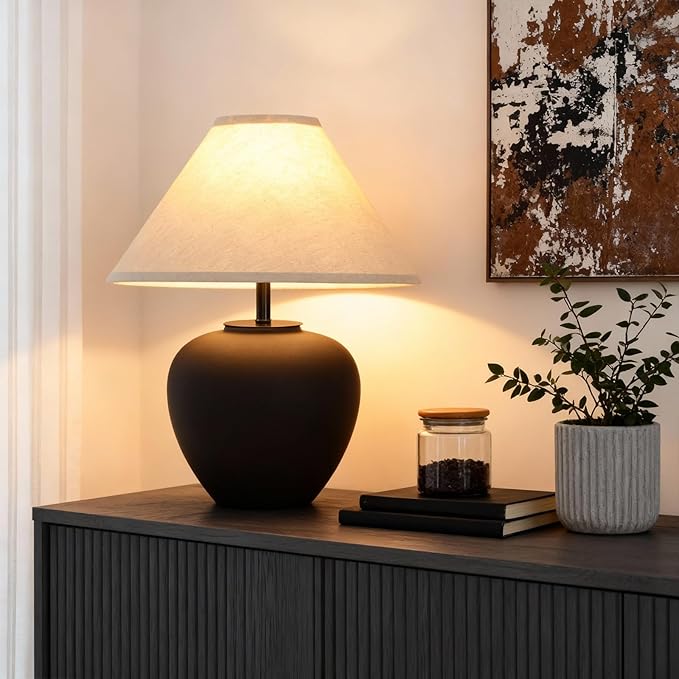 YEPDIN Ceramic Pot Table Lamp 18.5 inch Circular Frosted Nightstand Lamp, Tapered Fabric Shade Bedside, Ceramic Decorative for Living Room Bedroom House Office Entryway, TL1