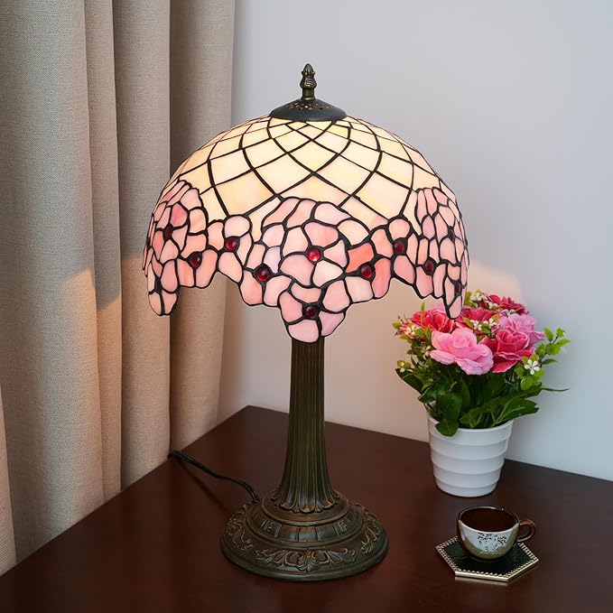 Tiffany Lamp Stained Glass lamp 12x12x18 Inches Bedside Table Lamp for Living Room Bedroom Dorm Kitchen Home Decor Festival Birthday Gift,Cherry Blossom