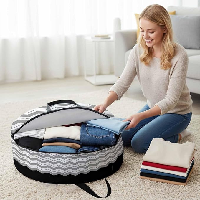 Storage Bag Grey Waves Round Storage Totes Bins Closet Organizers with Zippers & Handle Black Chevron Stripe Clothes Storage Container for Bedroom Dorm Space Saving Packing Supplies Moving Bags