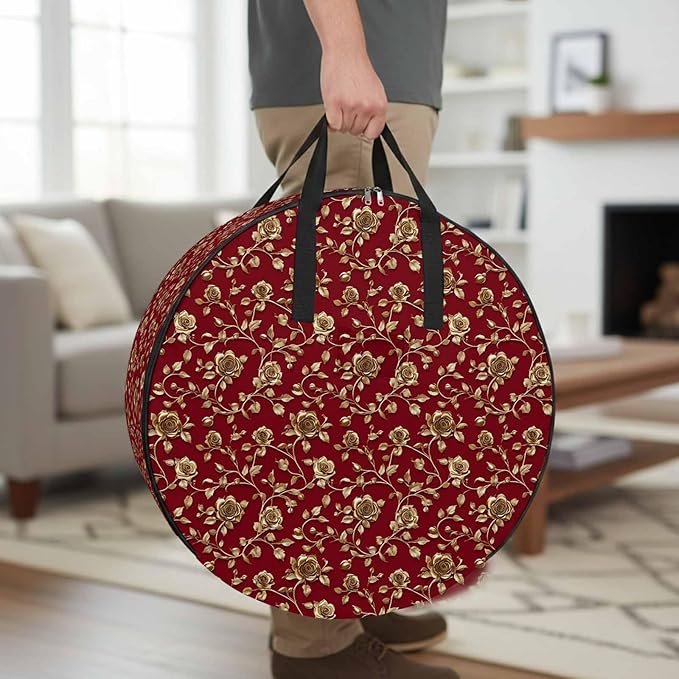 Yellow Roses Round Storage Bag 36 Inch, Christmas Xmas Red Background Clothes Storage Container with Handles Heavy Duty Organizer for Comforter, Bedding & Holiday Wreaths