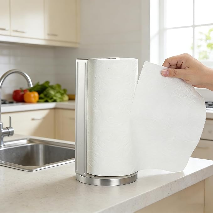 ZUNTO Silver Paper Towel Holder for Countertop, Freestanding Kitchen Paper Towel Organizer, One-Hand Tear Paper Towel Rack, Heavy Duty and Non-Slip