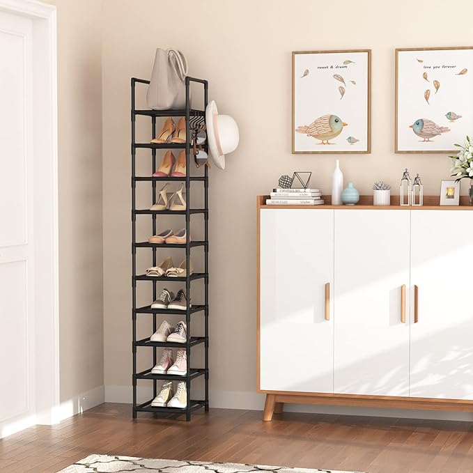 LANTEFUL Tall Narrow Shoe Rack for Entryway, 10-Tier Sturdy Metal Shoe Shelf Storage 10-15 Pairs of Shoes and Boots, Space Saving Corner Shoe Rack Organizer for Closet,Doorway,Garage,Living Room