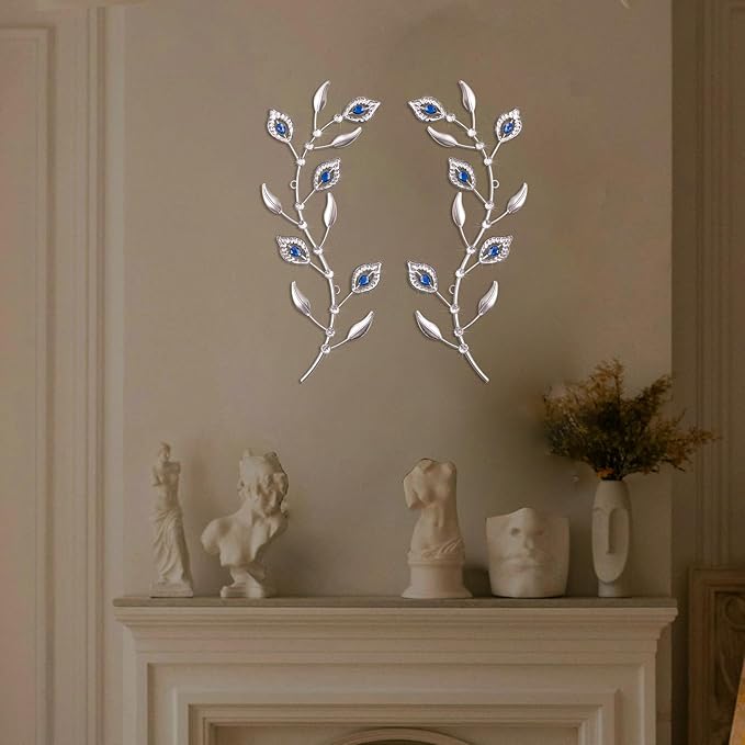 sxnzequnze 2 Pcs Metal Leaf Wall Art Crystal Bling Decorations Silver Leaves 3D Iron Handmade Home Decor Hanging Minimalist Accents Modern Set for Living Room Bathroom Bedroom Dining Room Hallway