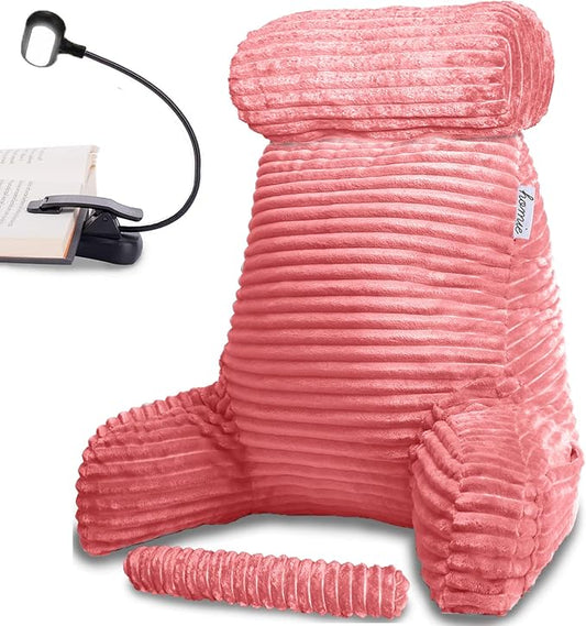 Homie Reading Pillow with Reading Light and Wrist Support, Has Arm Rests, and Back Support for Bed Rest, Lounging, Reading, Working on Laptop, Watching TV (Large, Pink)