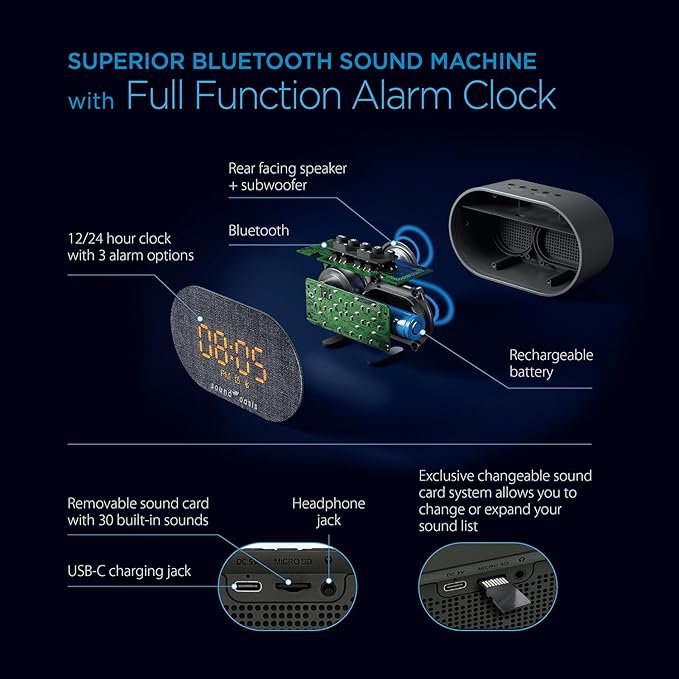 Sound Oasis® Bluetooth® Sleep Sound Therapy System® Alarm Clock - Sleep Better, Manage and Mask Tinnitus, 30 Built-in Sounds, Sleep-Friendly Lighting, Travel Friendly (BST-150)