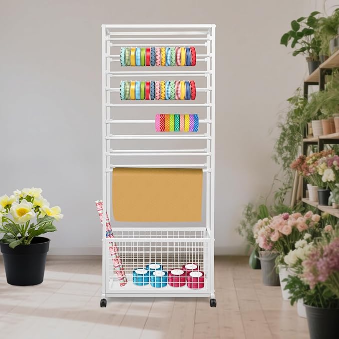 Mobile Ribbon Holder Double-Sided Ribbon Organizer Rack with 20 Hanging Rods Multifunctional Flower Wrapping Paper Storage Stand with Lockable Wheels Wrapping Paper Rack (26.38*12.6*66.93in, White)