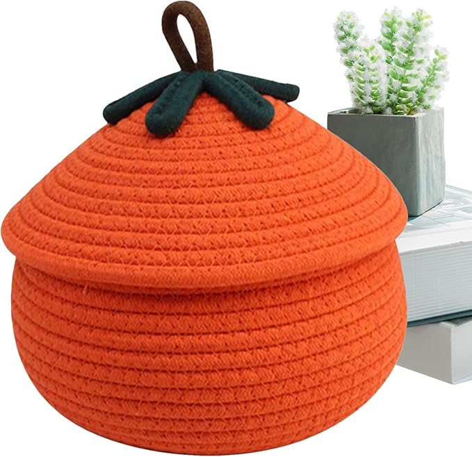 Pumpkin Basket with Lid, Halloween Woven Storage Basket Woven Storage Basket Halloween Pumpkin Design, Decorative Seasonal Rope for Keys, Books
