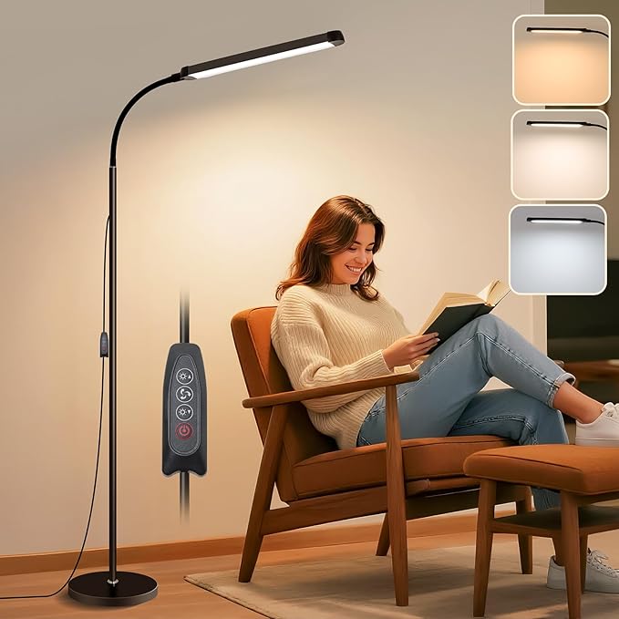 Modern LED Floor Lamp for Reading in Black, Bright 12W Dimmable Standing Light with Adjustable Gooseneck, 3 Color Temperatures, for Living Room corner, Office, Study Room, bedroom bedside nursery,lash
