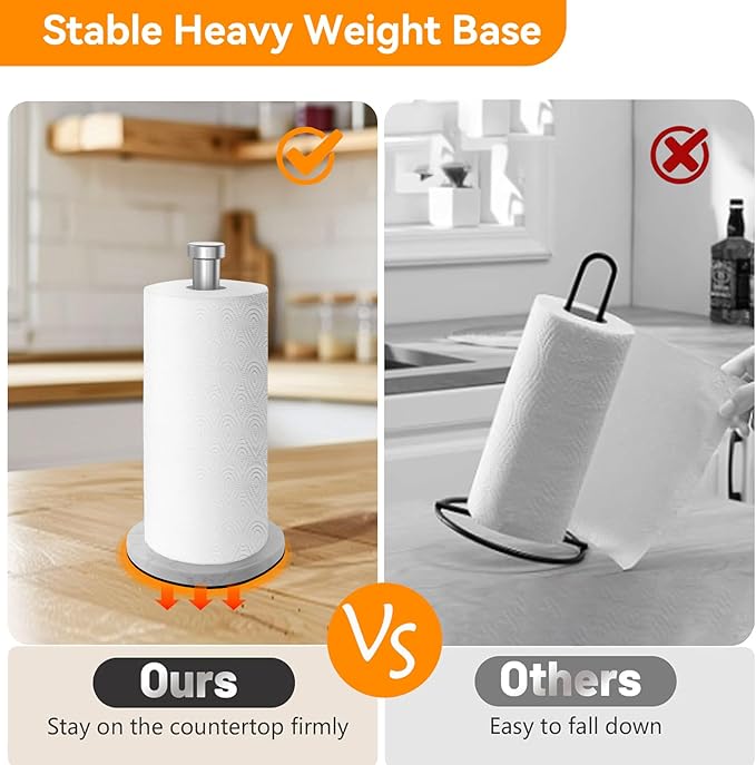 Paper Towel Holder Countertop, Kitchen Paper Towel Roll Holder for Bathroom Kitchen, Stainless Steel Paper Towel Holder with Weighted Marble Base for One-Handed Operation (Silver)