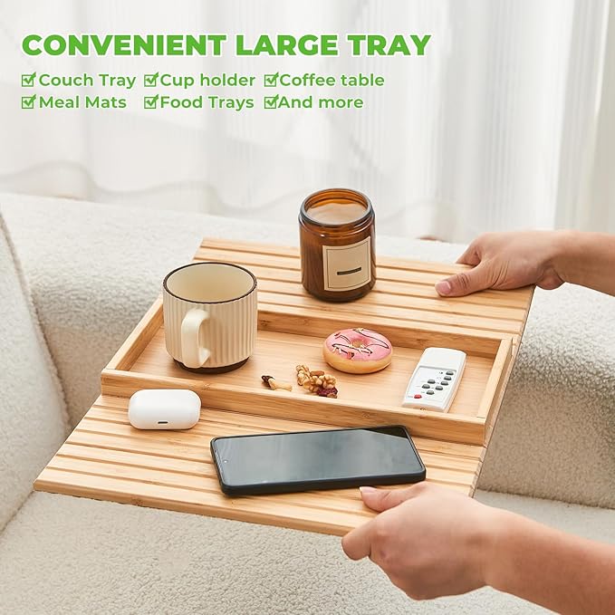 LOVYANXUE Bamboo Sofa Arm Tray, Anti Falling Couch Arm Tray Table, Foldable Couch Armrest Table, Portable Sofa Armrest Trays Cup Holder for Drink, Cups, Phone, Snacks, Remote