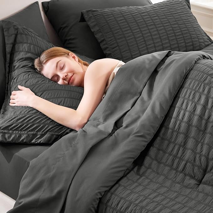 CozyLux Oversized King Comforter Set Dark Grey Seersucker 7 Pieces 120x98 Bed in a Bag Comforter Set with Sheets, Dark Gray Luxury Bedding Sets Down Alternative Comforter, Sheets, Pillowcases & Shams