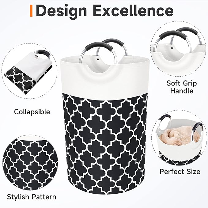 Fabspace Large Laundry Basket Laundry Hamper Bag Washing Bin Clothes Bag Collapsible Tall with Handles Waterproof Travel Bathroom College Essentials Storage for College Dorm, Family (Black) 75L