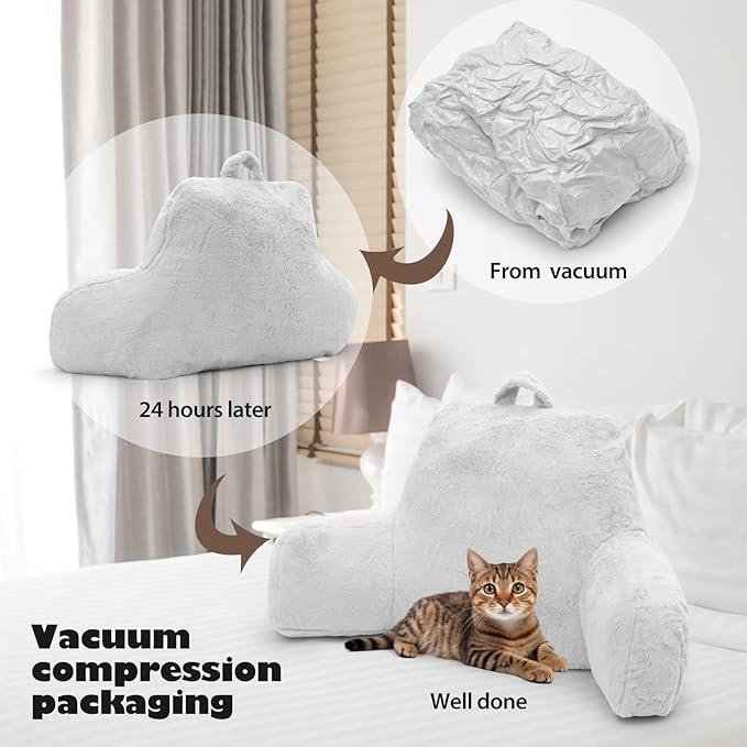 Reading Pillow, Back Support Pillow for Bed Sitting Up, Standard Bed Rest Pillow with Arms for Adults,Back Support Pillow for Couch and Chair, Bed Reading Pillow, White