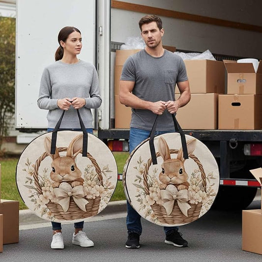 24 Inch Round Storage Bag 2 Pack,Easter Rabbit Basket on Vintage Linen Waterproof Wreath Storage Container with Handles&Zipper Spring Flower Bow Closet Organizer Bags Garland Box