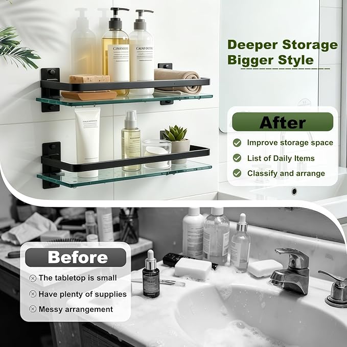 AIJALY 2 Pack Bathroom Glass Shelf,15.7 Inches Black Bathroom Shower Glass Shelf Wall-Mounted, Metal Storage Floating Kitchen Shelf