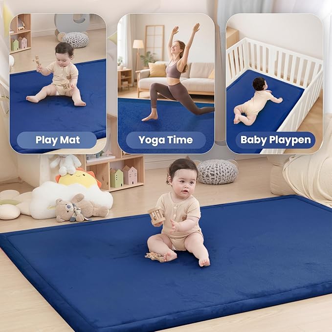 Huloo Sleep Ultra Soft Baby Play Mat for Floor, 1.3" Thick Elasti-Foam 65x50 Play Mat for Playpen,Water-Repellent Coral Velvet for Tummy Time, Non-Slip Backing,Safe for Toddlers & Infants （Dark Blue）