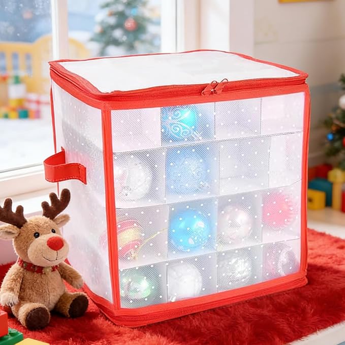 Christmas Ornament Organizer Bag, 64-Grids Foldable Divider Storage, Decoration Ball Use, Zippered Design, Easy Portable Construction, Under Bed Cabinet Home Basement Apartment