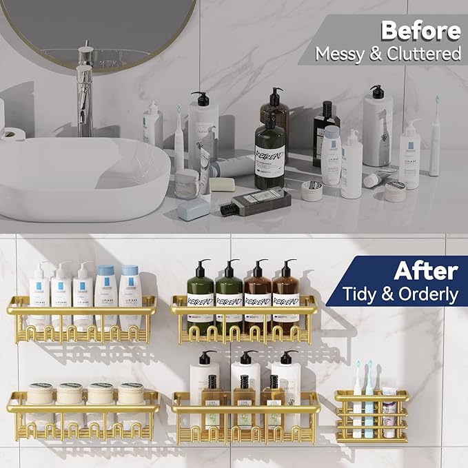 8 Pack Adhesive Rustproof Shower Shelves with Soap Dishes, Toothbrush Holder & Hooks, Large Capacity No-Drilling Shower Shelves Rack for Bathroom Organizers and Storage Accessories, Gold