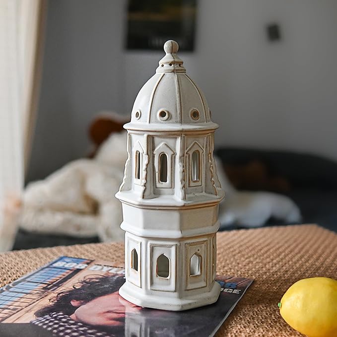Ceramic Home Decoration 12.6 Inch Tall European Dome Tower for Living Room Bedroom Office Modern Farmhouse Antique Rustic Nordic Ornament Desktop Fireplace Centerpiece Decor