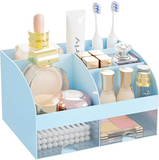 Makeup Organizer with 2 Drawers, Cosmetic Storage for Dresser Vanity and Bathroom Countertop,Make up organization and Skincare Storage with Beauty Brush Holder, Cosmetic Display Case (Blue)