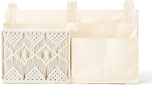 Mkono Bedside Caddy Hanging Organizer, Bunk Woven 7 Pockets Bed Storage Bag Boho Remote Magazine Books Holder with Macrame for Loft Bed College Dorm Bedroom Baby Bed Rails, Ivory