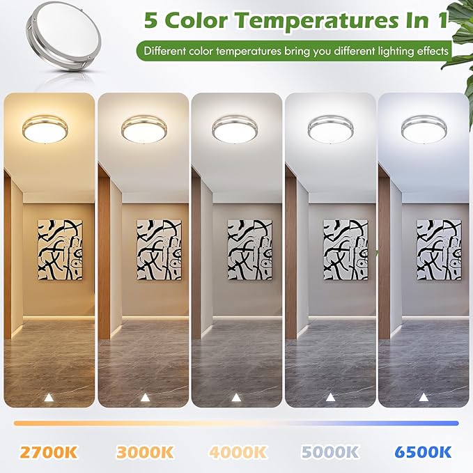 12 Inch 36W LED Ceiling Lights, 2700K/3000K/4000K/5000K/6500K Adjusted Flush Mount Ceiling Light, 3200LM Super Bright Dimmable Brushed Nickel Lighting Lamp Fixture for Bedroom Bathroom Dining, 2-Pack
