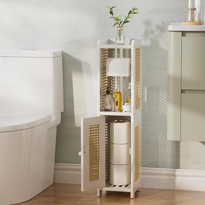 AmazerBath Toilet Paper Holder Cabinet, Bamboo Toilet Paper Holder Stand for Bathroom, Small Toilet Paper Storage Cabinet with Rattan Door, 30.3x7.8x7 inches, White