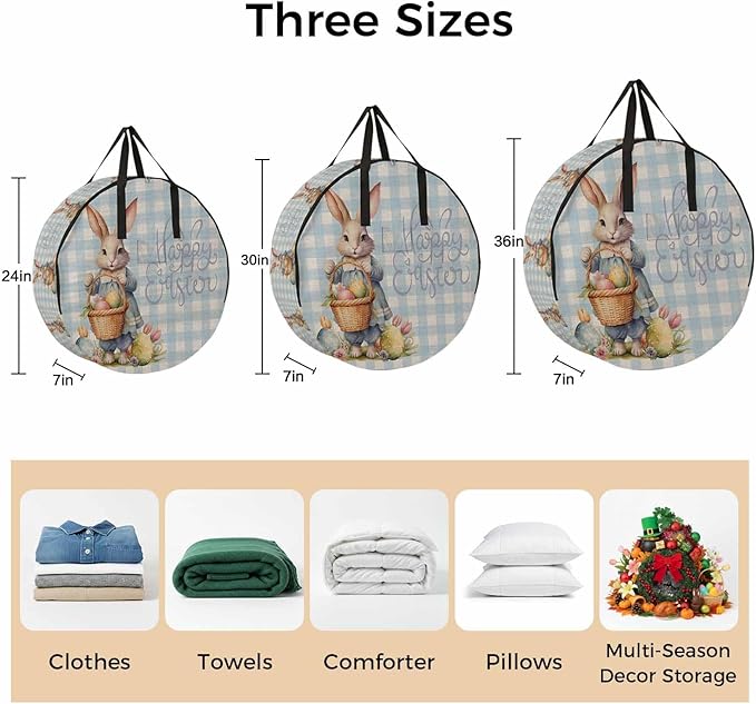 36 Inch Round Storage Bag 1 Pack,Happy Easter Rabbit Egg Basket Waterproof Wreath Storage Container with Handles&Zipper Flower on Blue Checker Closet Organizer Bags Garland Box