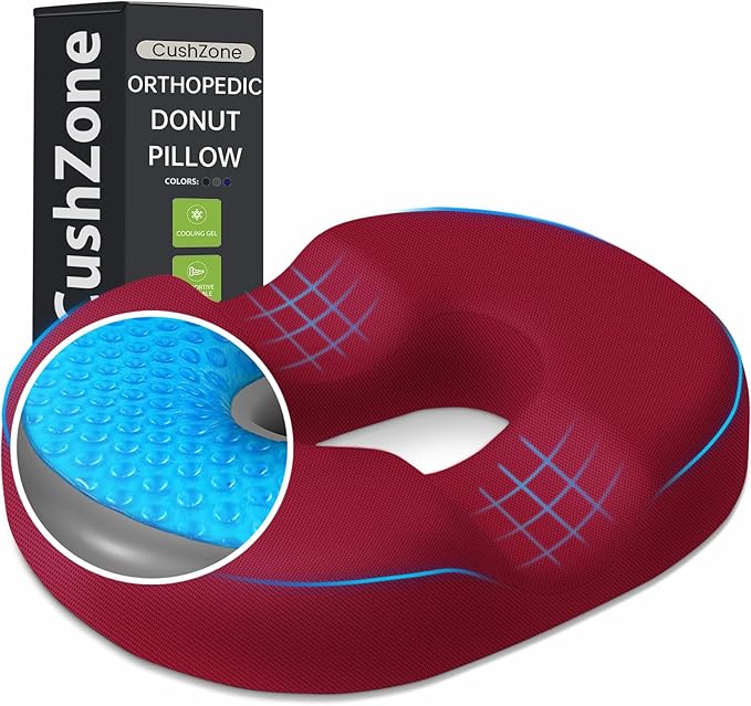 Donut Pillow Seat Cushion - Cooling Gel Outdoor Chair Cushions, Memory Foam Seat Cushion for Office & Home, Car Seat and Patio Furniture Cushions, Hemorrhoids Pillow and Tailbone Pain Relief, Red