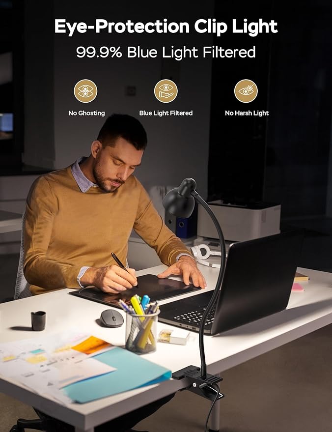 LiFMIRA Clip-on Reading Light - 3 Color Modes, 10 Dimmable Brightness, Eye Care Clamp Desk Lamp with Flexible Gooseneck for Reading in Bed, Desk, Headboard, Computer