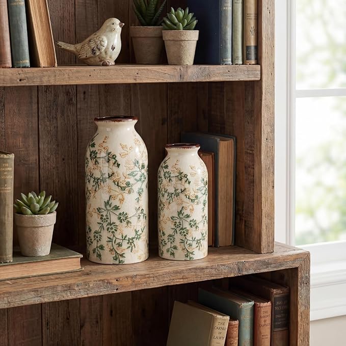 2 Pcs Vintage Ceramic Flower Vase Chinoiserie Antique Floral Vase Rustic Boho Farmhouse Decor for Home Table Bookshelf Aesthetic Centerpiece Gift(Vintage Green)