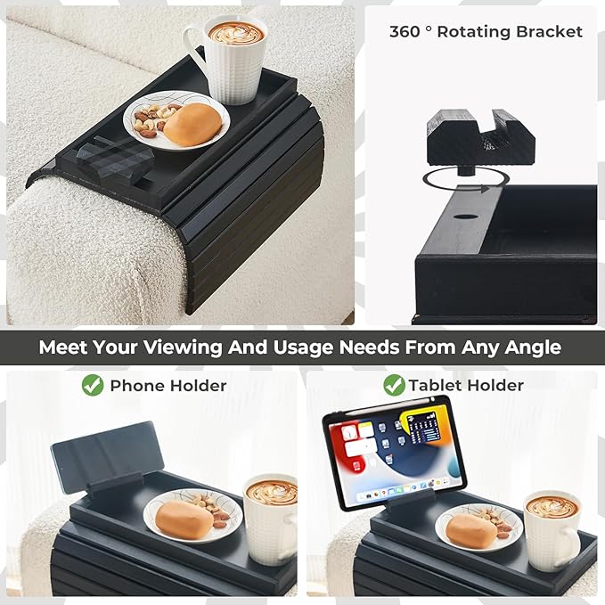 LOVYANXUE Bamboo Sofa Arm Tray Armrest Table with 360° Rotating Phone Holder, Anti Falling Couch Arm Tray, Foldable and Portable Sofa Armrest Cup Holder for Drink,Cups, Phone, Snacks, Remote